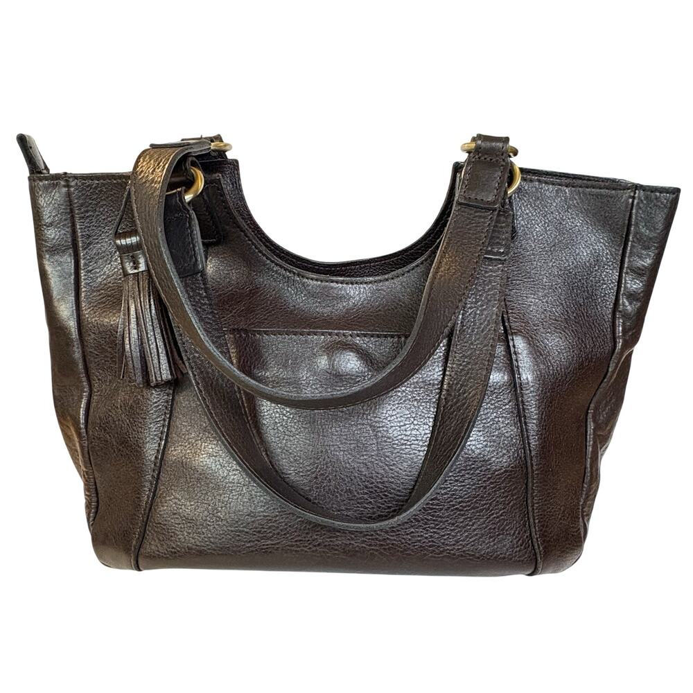 Patricia Nash Dark Brown Leather Shoulder Bag Suede Lining Pocket Studded Bottom